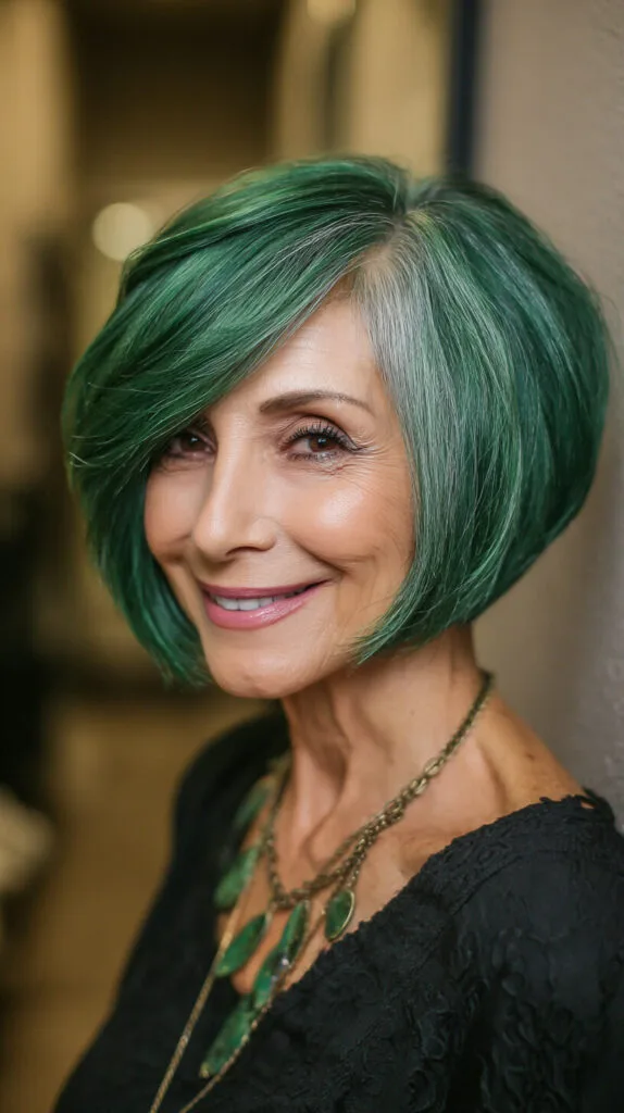 Emerald Angled Stacked Bob with Silver Root Ribbon