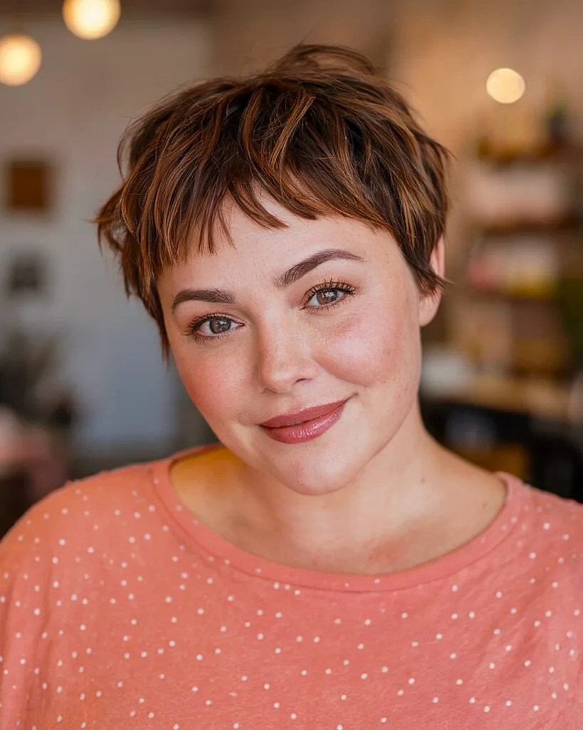 Extra short pixie cut with baby bangs for women over 40 who want a textured, youthful style