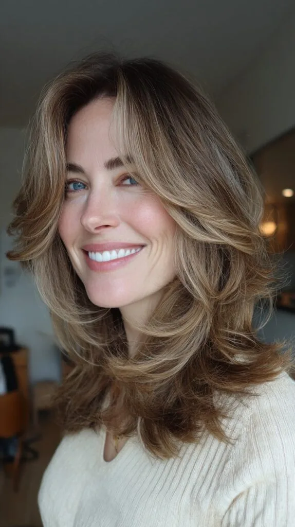Face-Framing Feathered Butterfly Layers with Lived-In Balayage