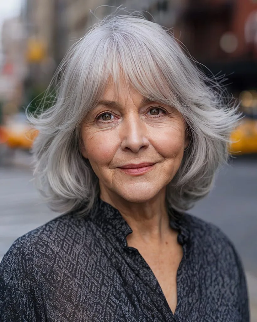 Face-framing shag with bangs for round face shape and gray hair, modern French bob look for women over 40