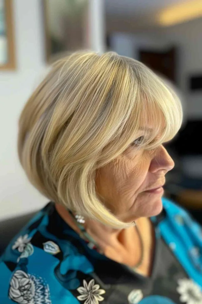 Fashion-forward woman with an angled bob and contemporary bangs, creating a sleek and face-framing hairstyle.