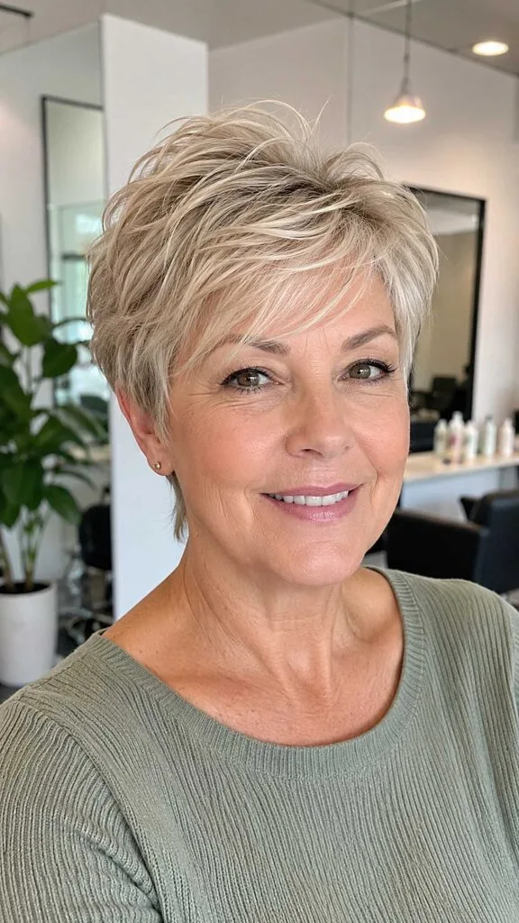 Feathered ash blonde pixie with volume at the crown