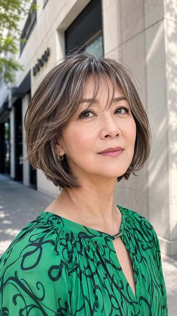 Feathered Brunette Bob with Natural Silver Threading