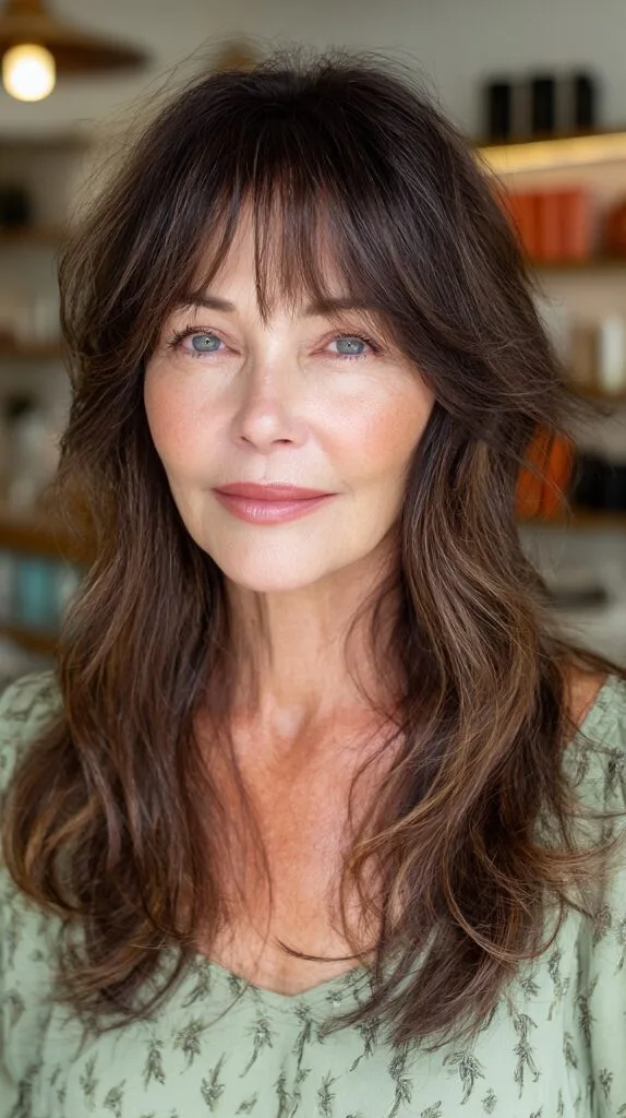 Feathered Brunette Cascade with Wispy Bangs
