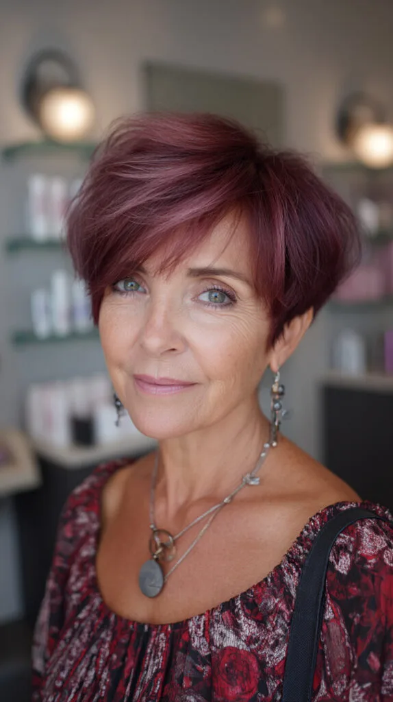 Feathered Burgundy Short Crop with Long Side-Swept Fringe