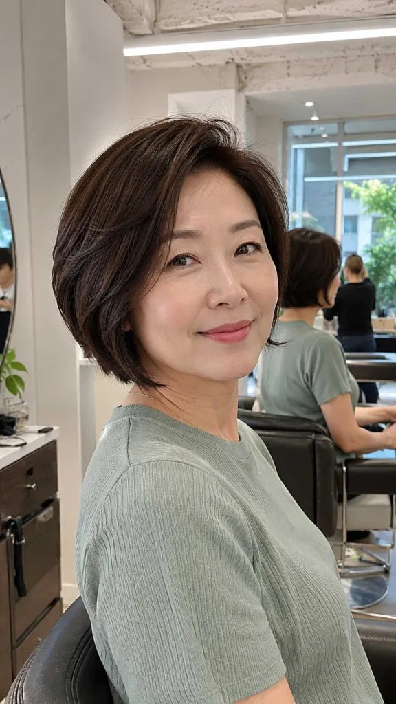 Feathered Dark Brunette Bob with Layered Crown Lift