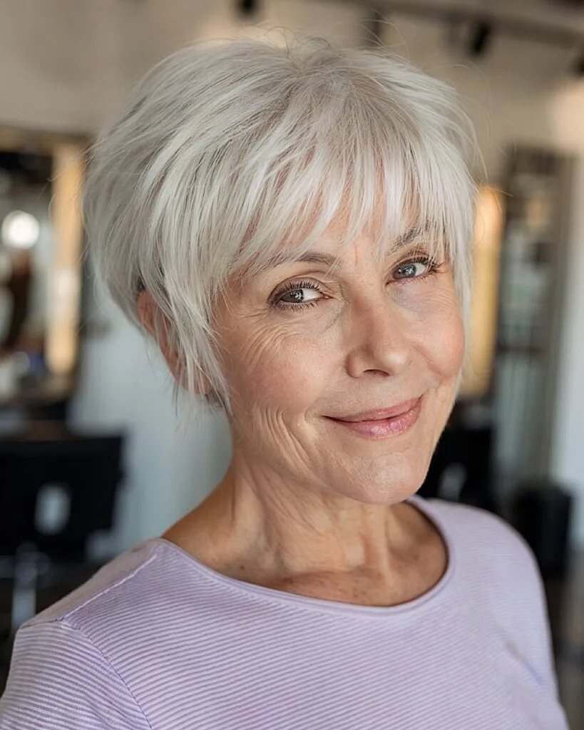 Feathered pixie shag cut with textured crown for thin hair, modern French bob alternative 40+