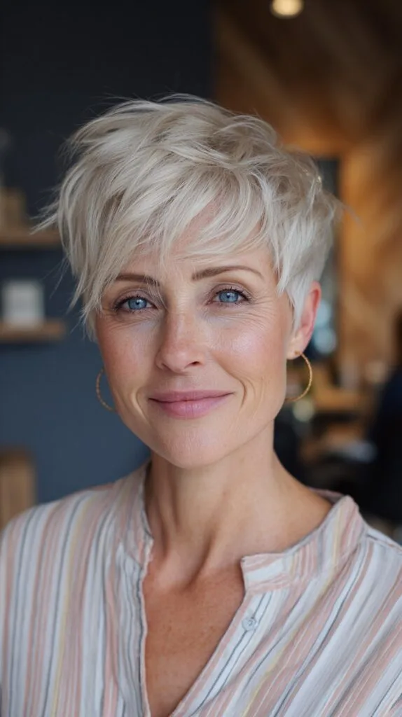 Feathered Platinum Pixie with Groomed Side Fringe