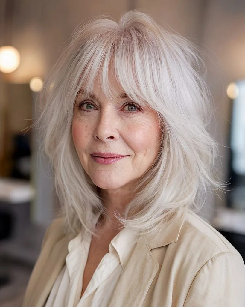 Feathered shag with bangs for round face on silver hair, perfect French bob-inspired cut for women over 40