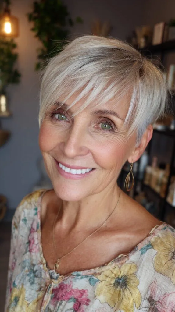 Feathered Silver Pixie with Side-Swept Micro Fringe