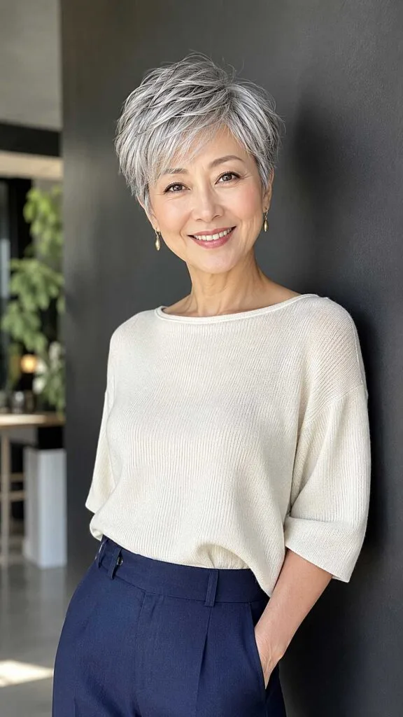 Feathered Silver Pixie with Soft Volume on Top