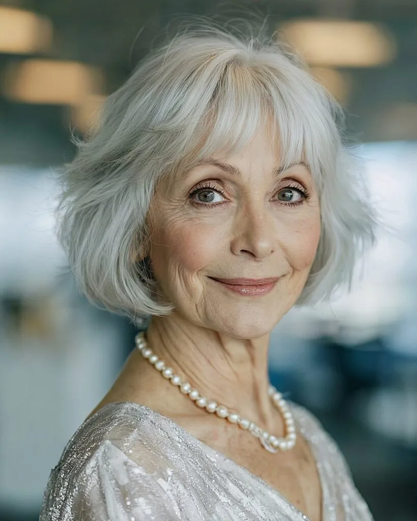 Feathertide haircut with soft fringe and rounded bob shape, light shag style for women over 40
