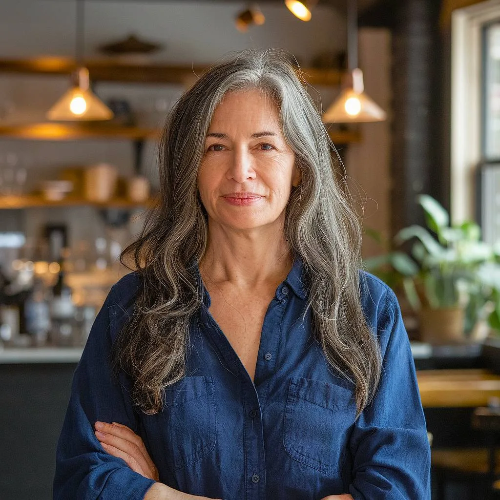 Fine, long gray hair with soft layers for older women, creating a lightweight yet voluminous effect