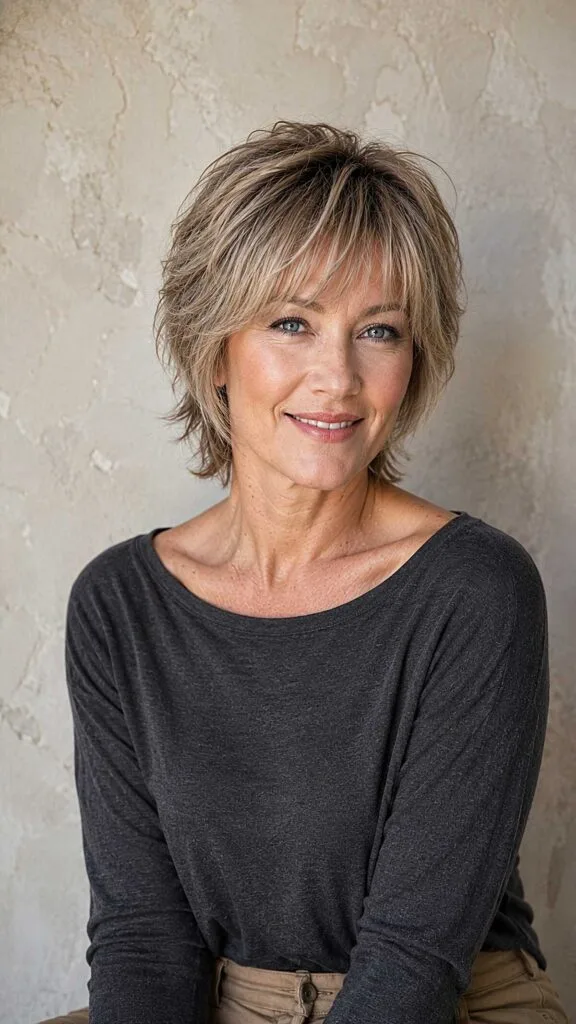 Flippy Dirty Blonde Shag with Wispy Layered Bangs