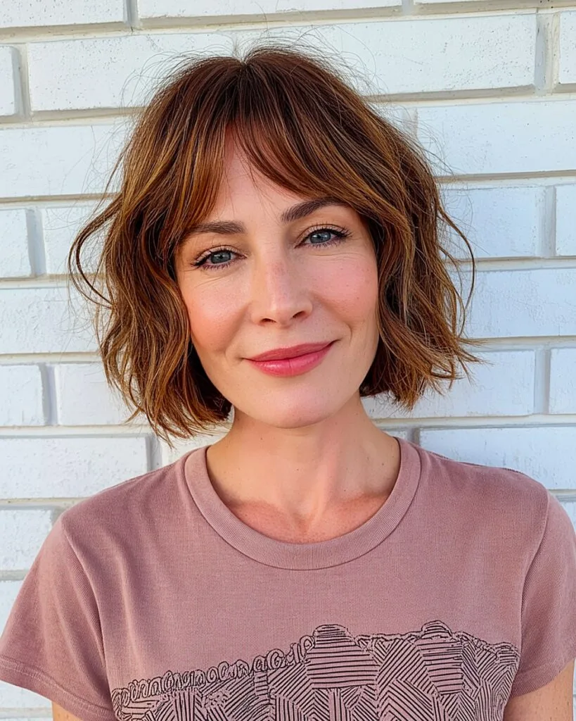 French bob with curtain bangs and middle part for women over 40 with fine to medium hair