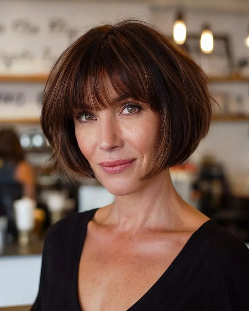 Fringora haircut with rounded bob shape and full bangs for women over 40 with thick hair