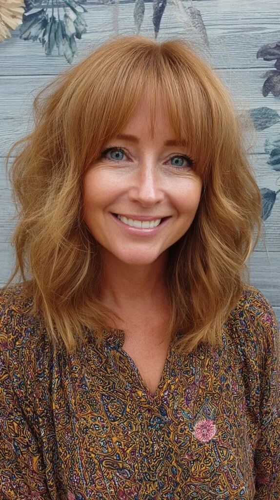 Ginger Textured Shoulder-Grazing Lob with Wispy Curtain Fringe