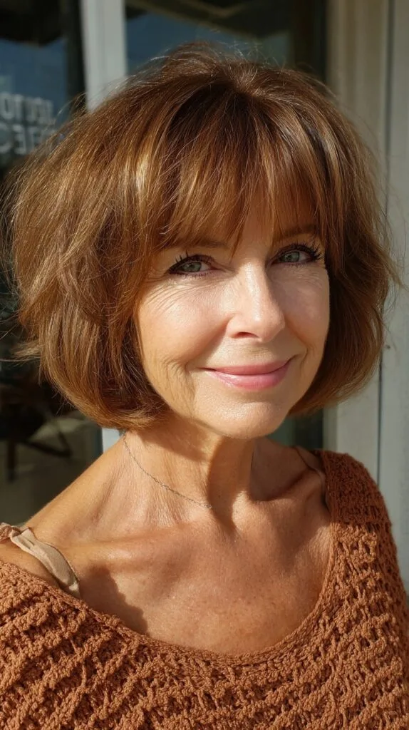 Glossed Chestnut Chin-Length Bob with Feathered Brow-Grazing Fringe