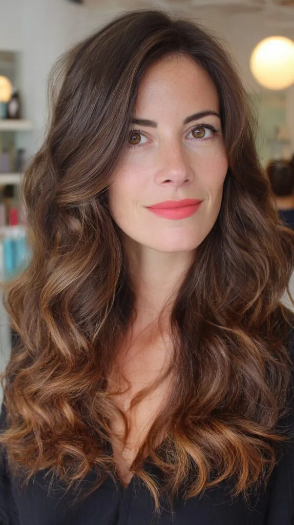 Glossy Chestnut Curls with Soft Balayage Finish