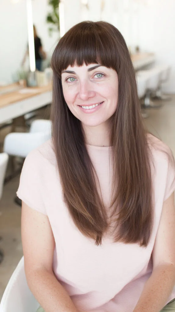 Glossy Long Hair with Soft Blunt Bangs
