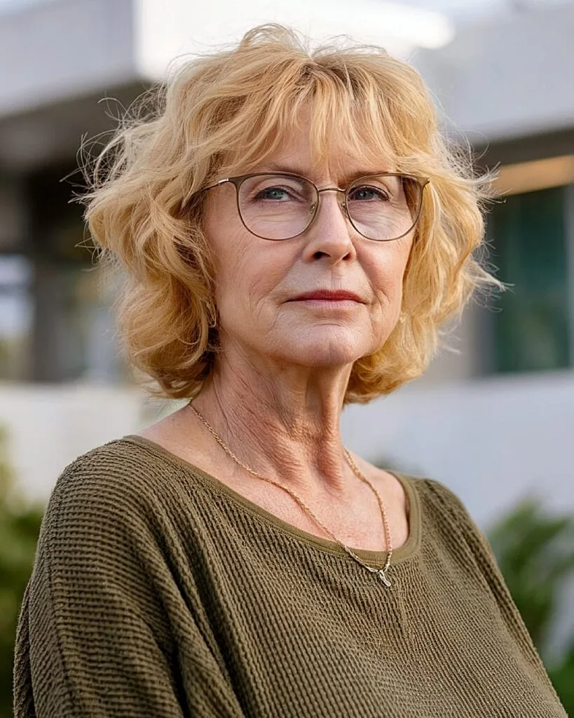 Glowshag hairstyle with natural curls and shaggy fringe on fine strawberry blonde hair over 40