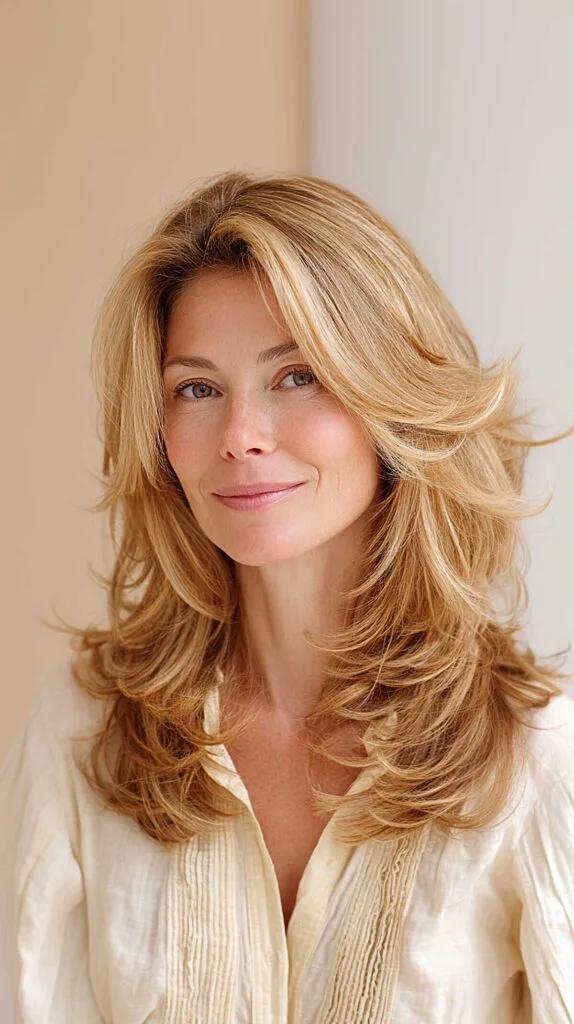 Golden Blonde Butterfly Layers with Blown-Out Collarbone Movement