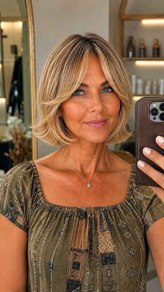 Golden blonde chin-length bob with curtain bangs