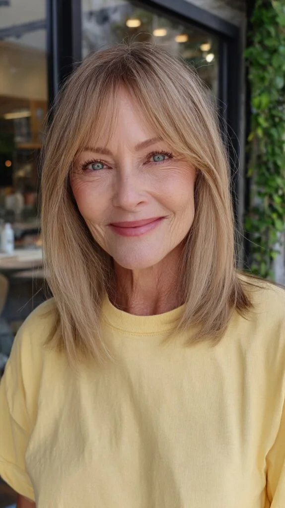 Golden Blonde Lob with Feathered Curtain Bangs