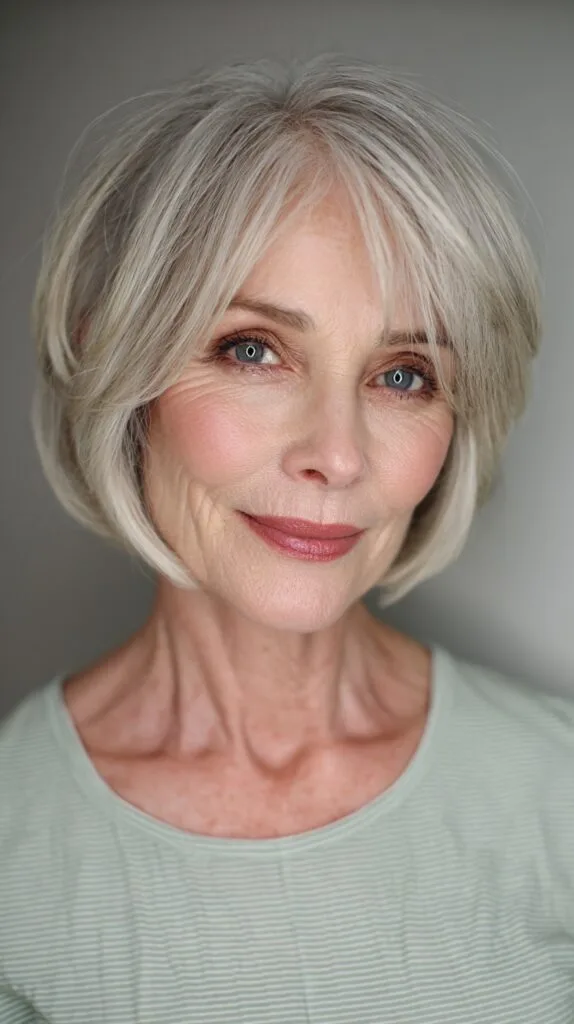 Graceful Silver Layered Bob with Side-Swept Bangs