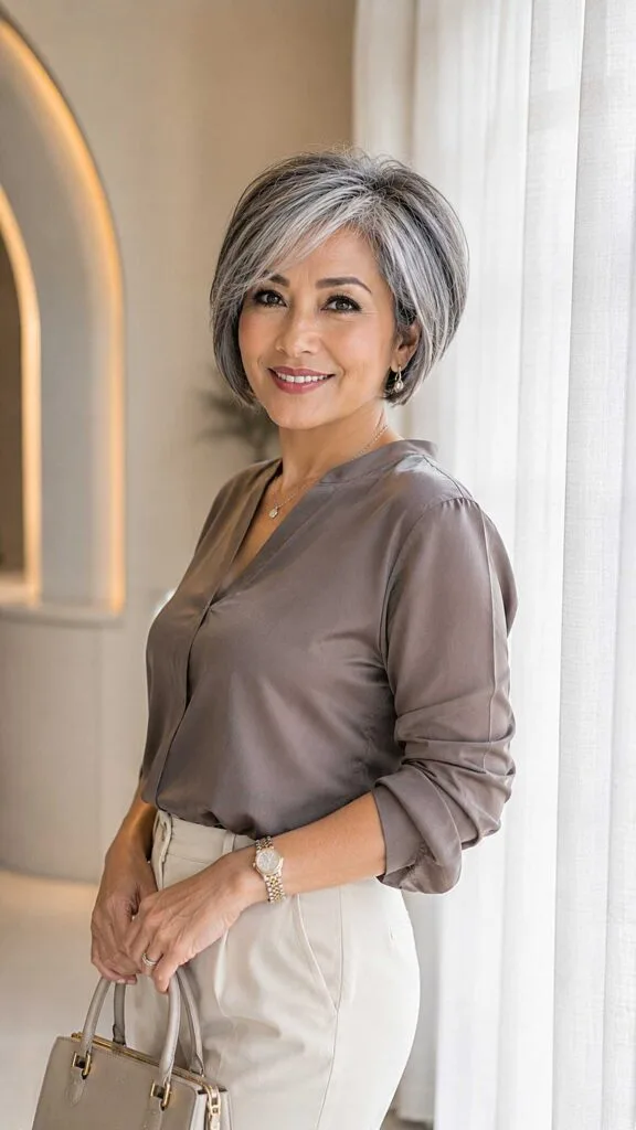 Graduated Short Gray Bob with Silver Streaks