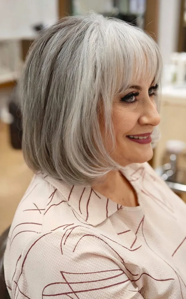 Grey Lob with Thin Bangs for Women Aged 50