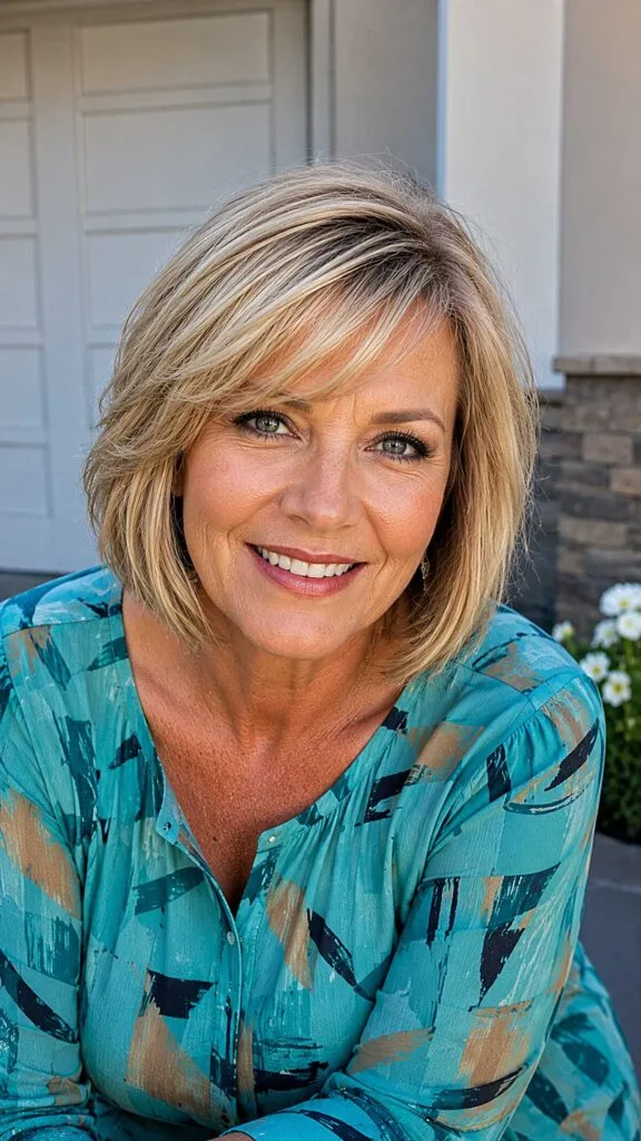 Honey Blonde Layered Bob with Long Swept Bangs