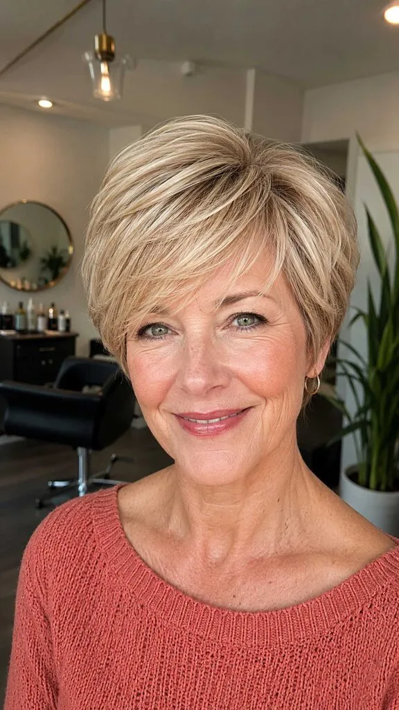 Honey blonde pixie bob with swept side fringe