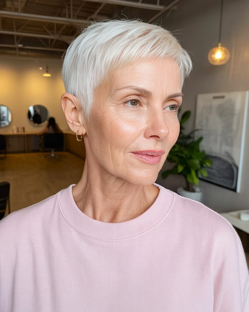 Icy blonde pixie for women over 60 with fine straight hair and cropped sides