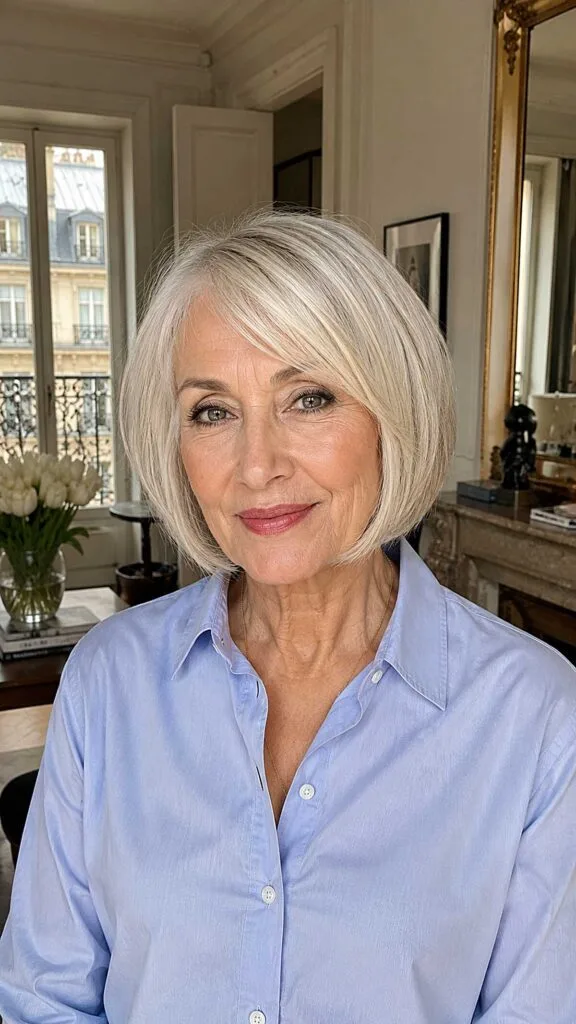 Icy Platinum Bob with Curtain-Parted Fringe