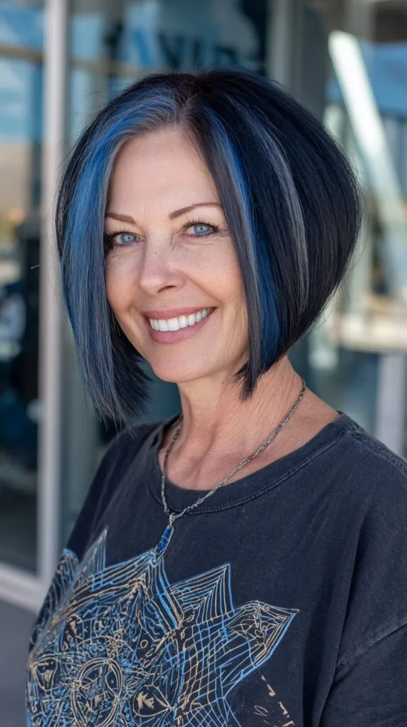 Ink-Blue Face-Framing Angled Stacked Bob