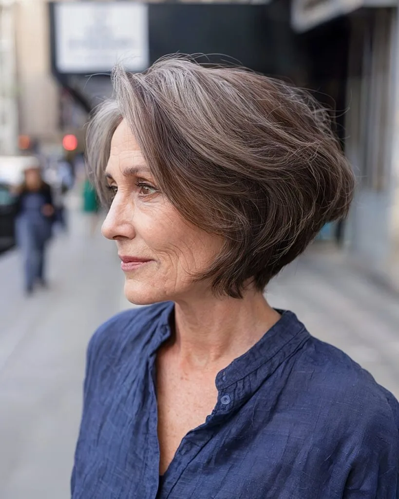 Inverted aircut bob for fine gray hair over 60 with layered fullness and lightweight texture at the back
