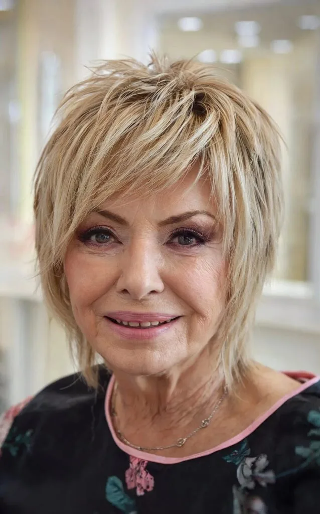 Jagged Shaggy Mullet Bob with Side-Swept Bangs for Ladies Over 70