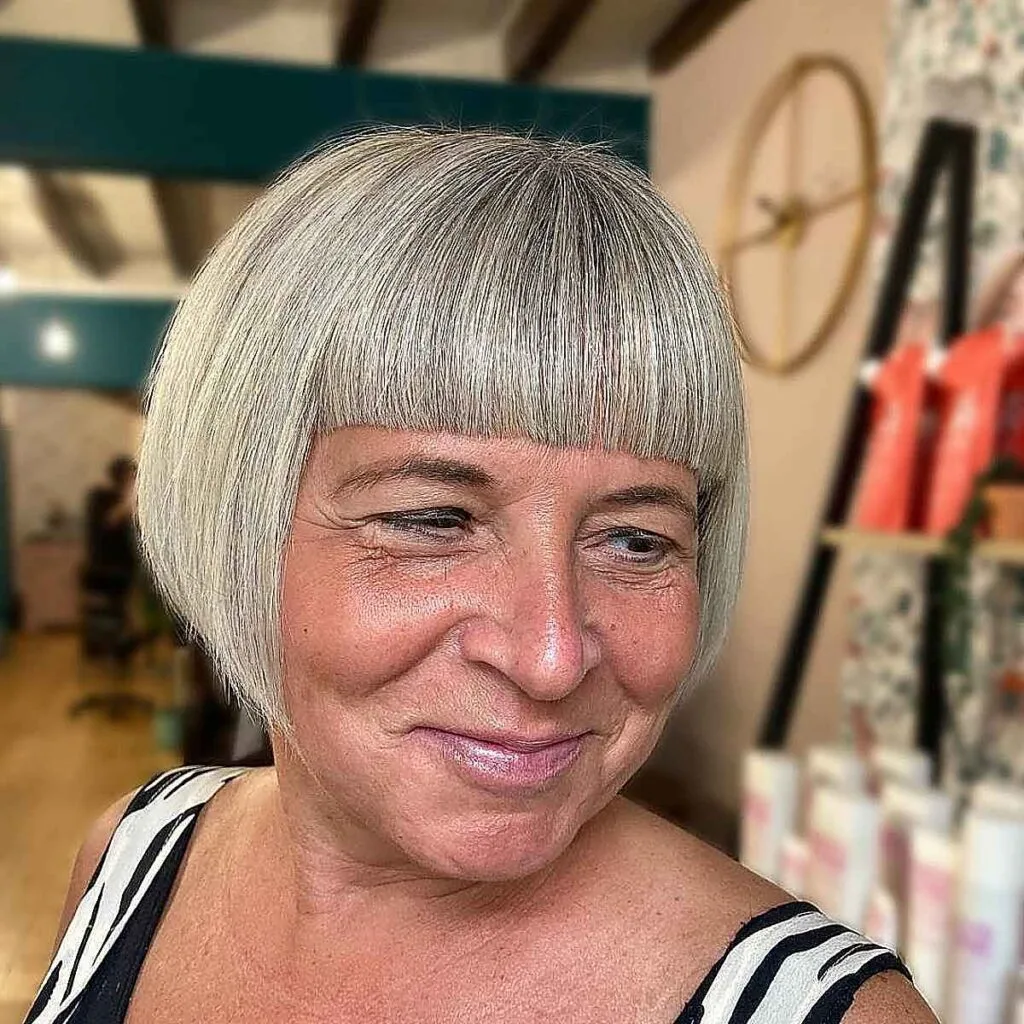 Jaw-Length Angled Bob with Fringe for Mature women with thin hair