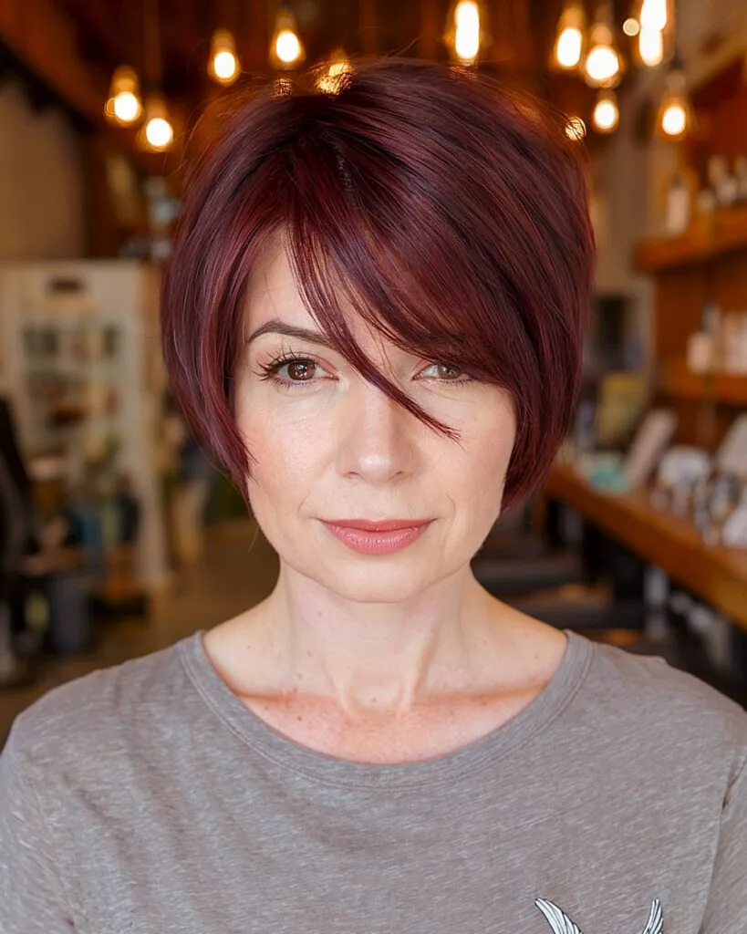 Jaw-length bob with peek-a-boo bangs for women over 40 with rich hair color and fine hair