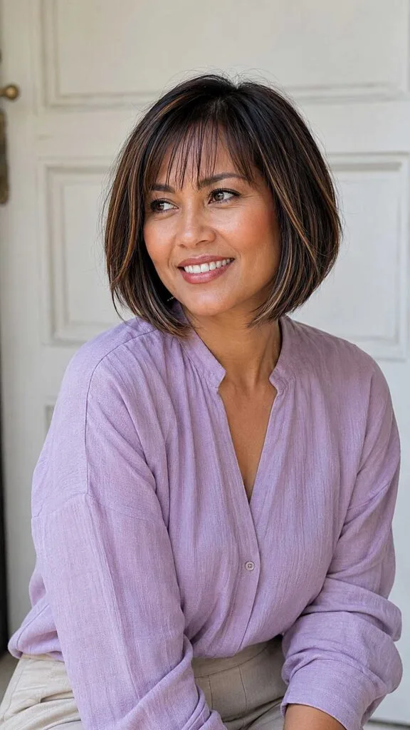 Jaw-Length Brunette Bob with Caramel Ribbons and Soft Curtain Bangs