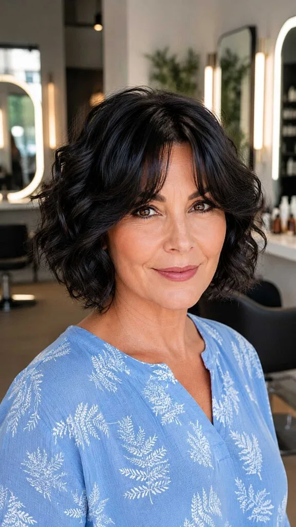 Jet black curly bob with curtain bangs in salon