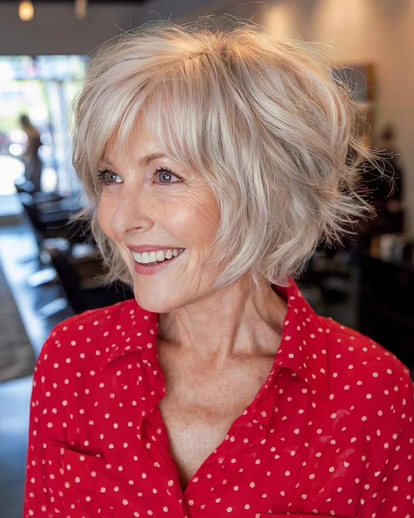 Layered bob shag with tousled texture and platinum tones, French bob haircut for women 40+