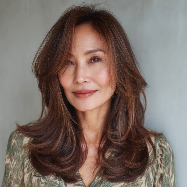 Layered Cinnamon Brown Elegance with Soft Face-Framing Layers