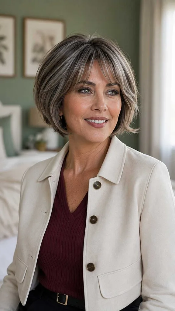 Layered Ear-Length Bob with Blended Silver Streaks