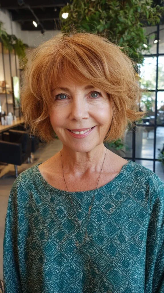 Layered Ginger Shaggy Chin-Length Bob with Airy Side Fringe