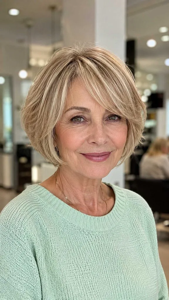 Layered honey blonde bob with feathered bangs