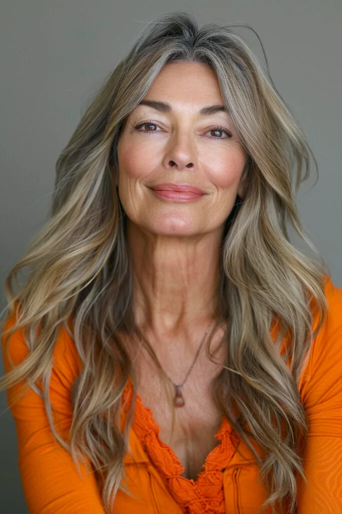 Layered long hairstyle for older women