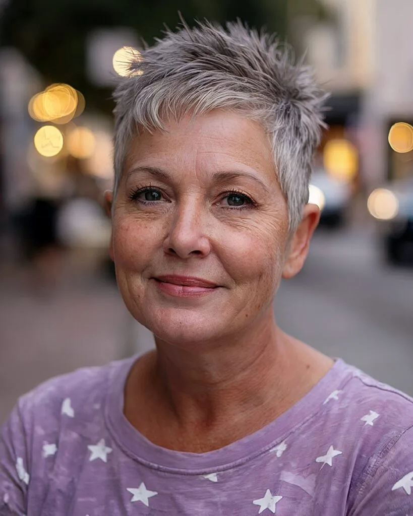 Layered pixie cut for round faces over 60 with spiky texture and salt-and-pepper tone