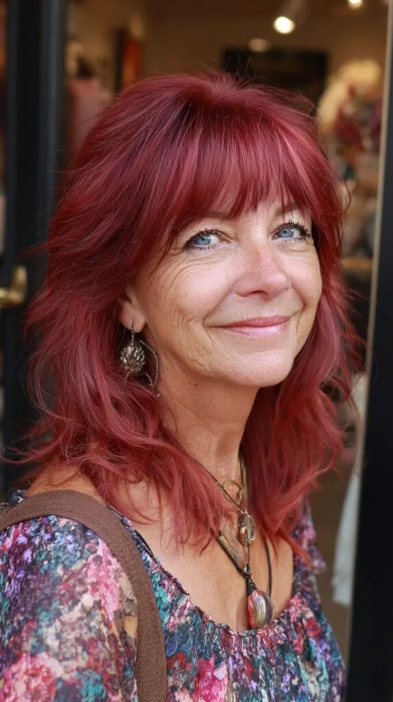 Layered Rose-Ruby Shag with Soft Wispy Fringe